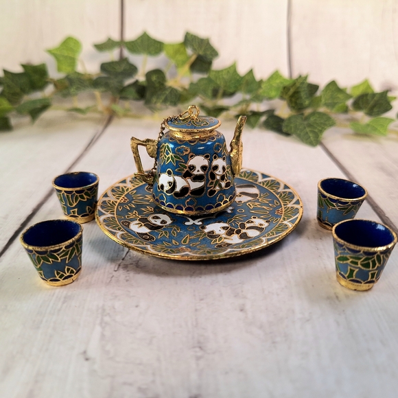 Vintage Cloisonne Mini Panda Tea Set - Blue and Gold - Picture 1 of 6